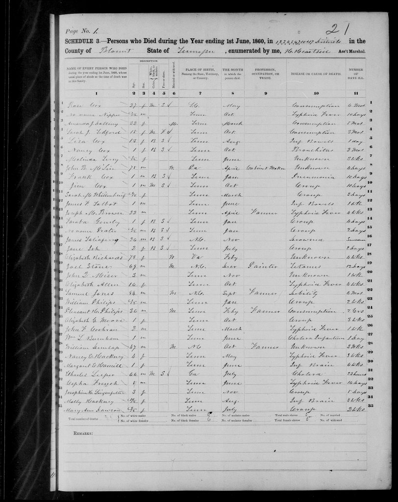 1860 Blount County Mortality Schedule Page 1