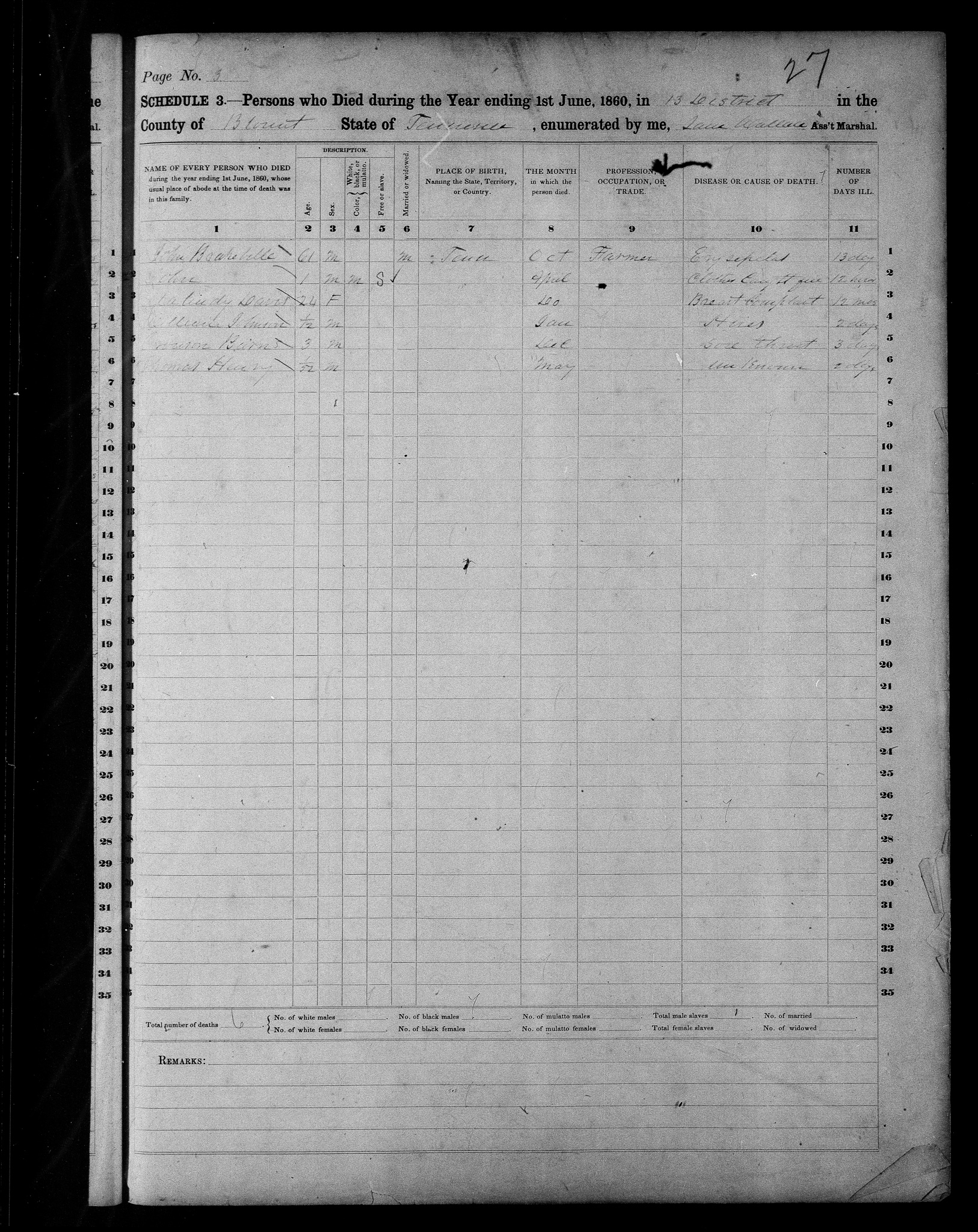 1860 Blount County Mortality Schedule Page 6